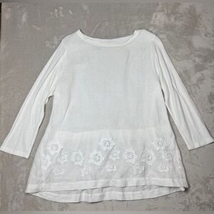 WHYCI Milano White Linen Blend Floral Quarter Sleeve Blouse Size 46 US Size 12